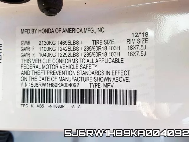 5J6RW1H89KA004092 фото 2