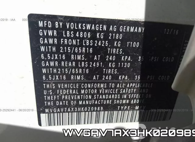 WVGAV7AX3HK020989 фото 10