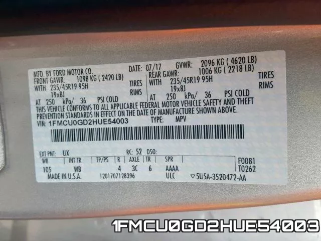 1FMCU0GD2HUE54003 фото 2