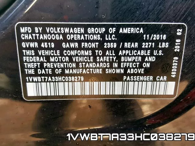 1VWBT7A33HC038279 фото 2