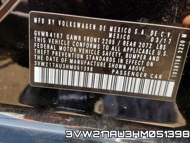 3VW217AU3HM051398 фото 2