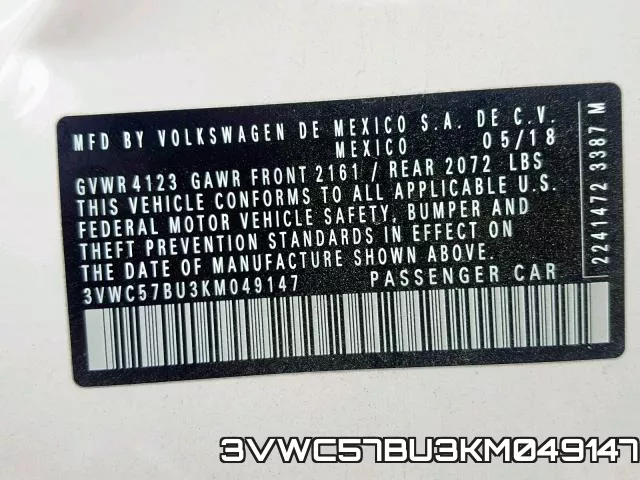 3VWC57BU3KM049147 фото 2