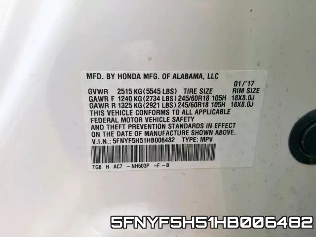 5FNYF5H51HB006482 фото 2