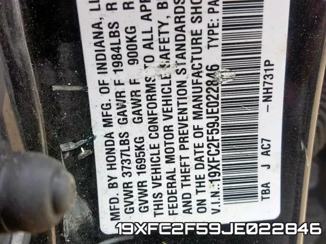 19XFC2F59JE022846 фото 2