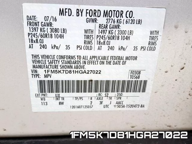 1FM5K7D81HGA27022 фото 2