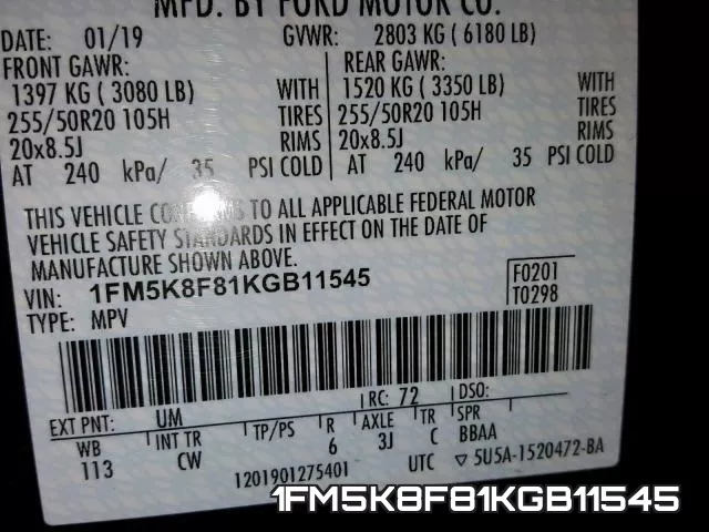 1FM5K8F81KGB11545 фото 2
