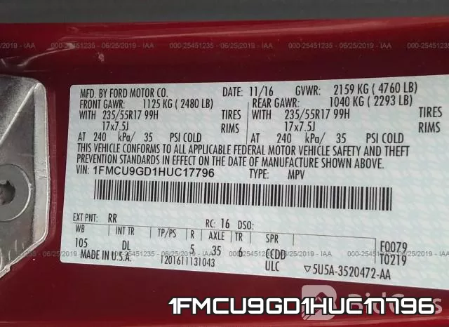 1FMCU9GD1HUC17796 фото 10