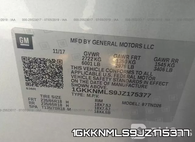 1GKKNMLS9JZ175377 фото 10