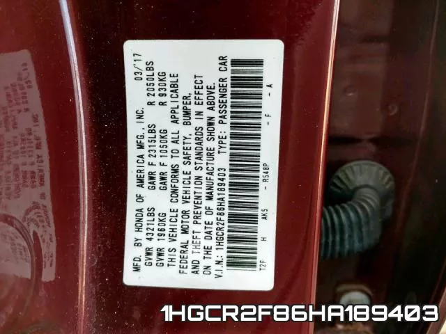 1HGCR2F86HA189403 фото 2