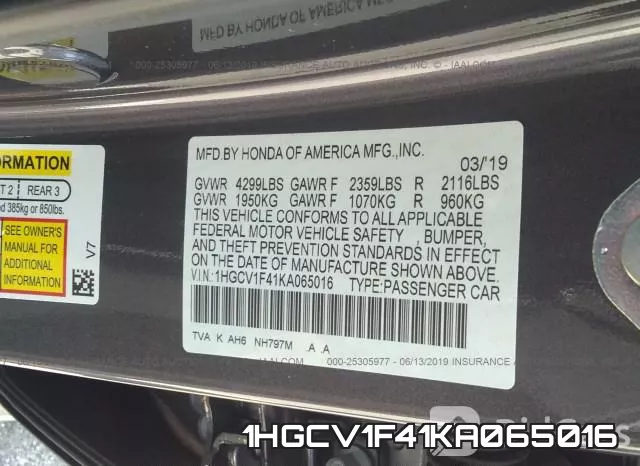 1HGCV1F41KA065016 фото 10