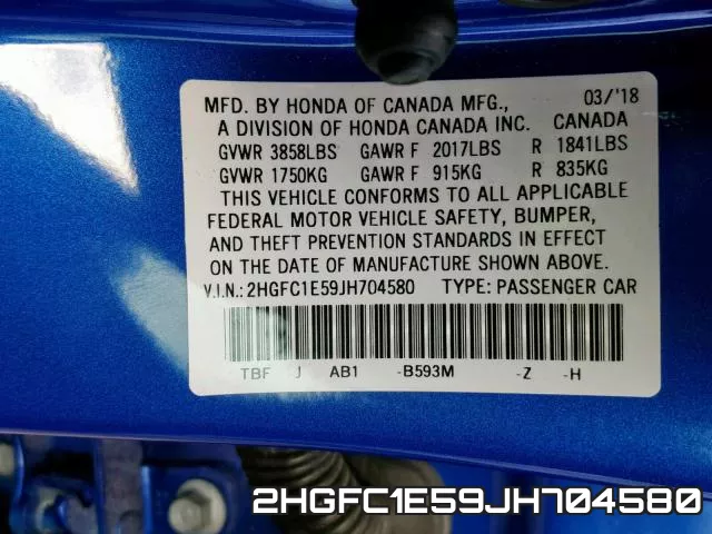 2HGFC1E59JH704580 фото 2