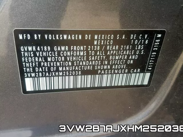 3VW2B7AJXHM252038 фото 2