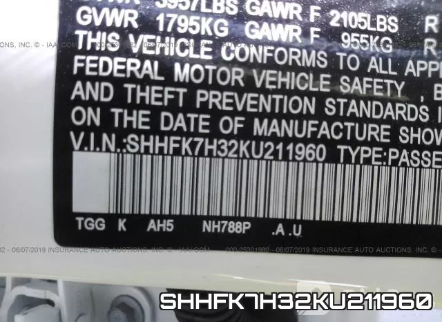 SHHFK7H32KU211960 фото 9