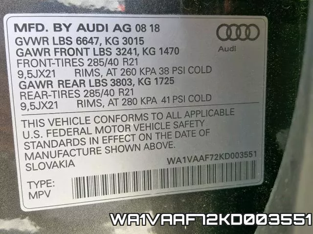 WA1VAAF72KD003551 фото 2