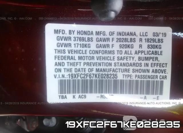 19XFC2F67KE028235 фото 10
