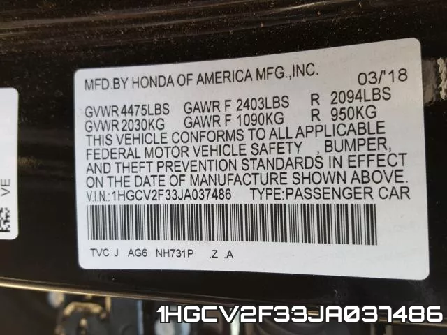 1HGCV2F33JA037486 фото 2