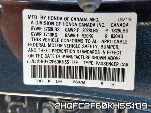 2HGFC2F60KH551179 фото 2