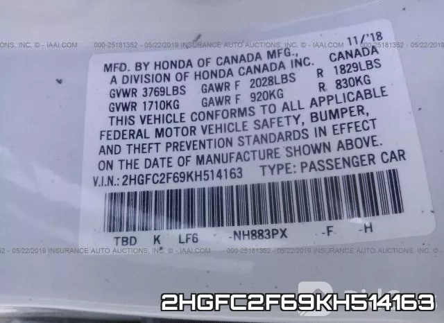 2HGFC2F69KH514163 фото 10