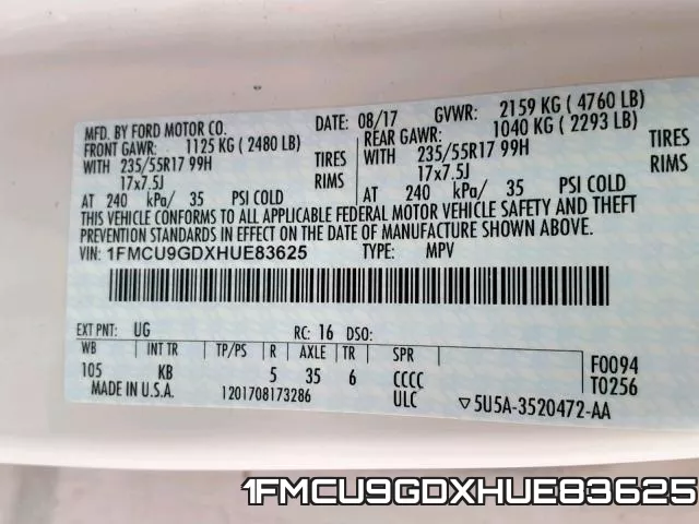 1FMCU9GDXHUE83625 фото 2