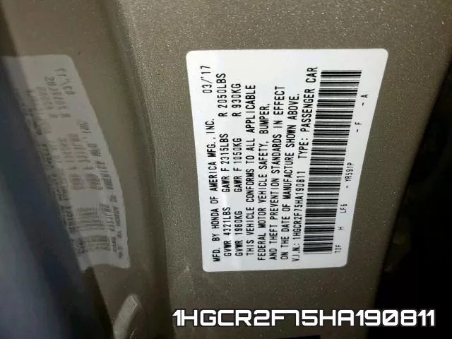 1HGCR2F75HA190811 фото 2