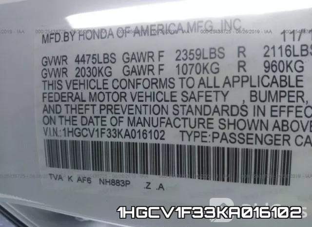 1HGCV1F33KA016102 фото 10