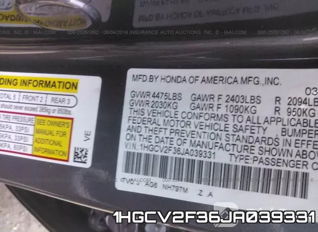 1HGCV2F36JA039331 фото 10