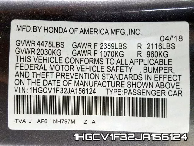 1HGCV1F32JA156124 фото 2