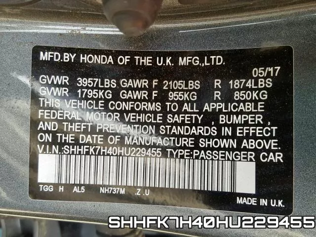 SHHFK7H40HU229455 фото 2