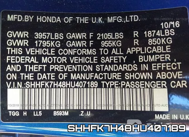 SHHFK7H48HU407189 фото 10