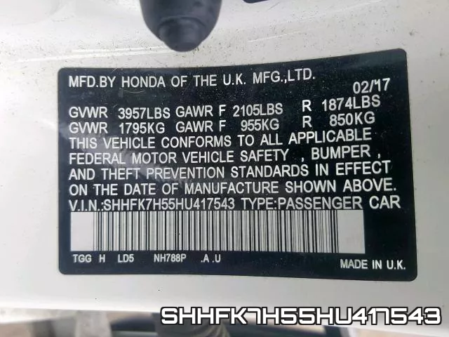 SHHFK7H55HU417543 фото 2