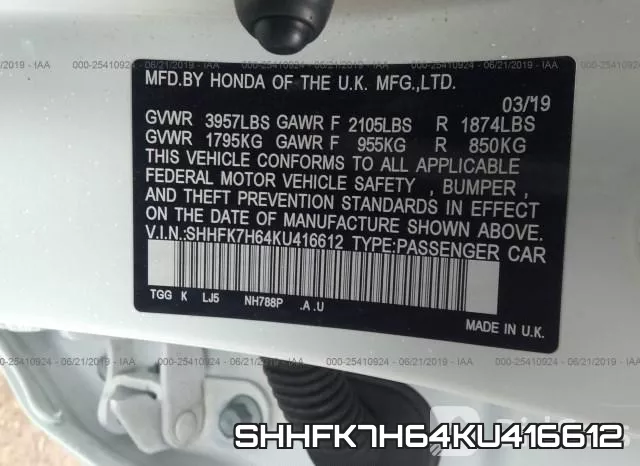 SHHFK7H64KU416612 фото 10