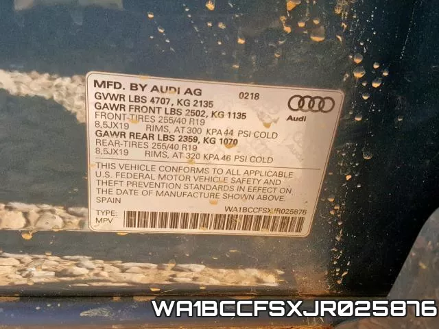 WA1BCCFSXJR025876 фото 2