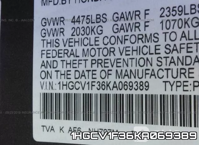 1HGCV1F36KA069389 фото 10