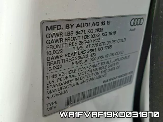 WA1FVAF19KD031870 фото 2