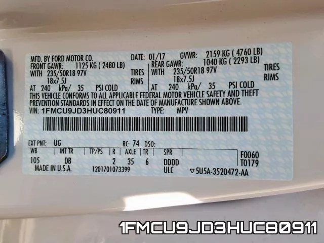 1FMCU9JD3HUC80911 фото 2