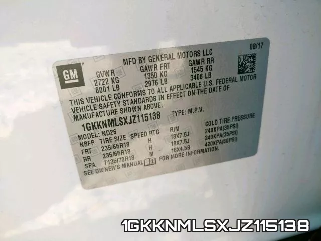 1GKKNMLSXJZ115138 фото 2