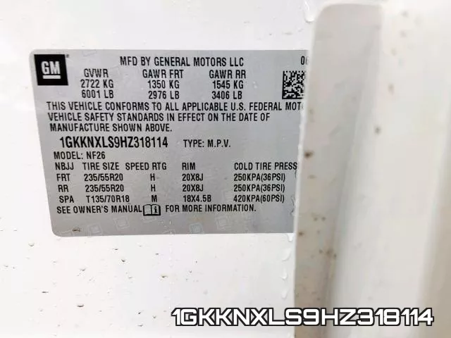 1GKKNXLS9HZ318114 фото 2