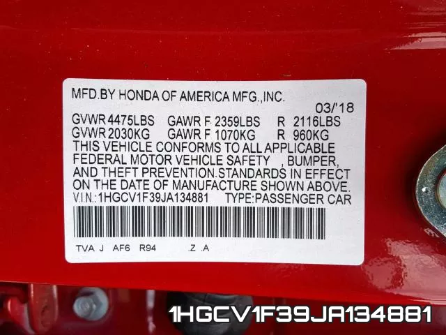 1HGCV1F39JA134881 фото 2