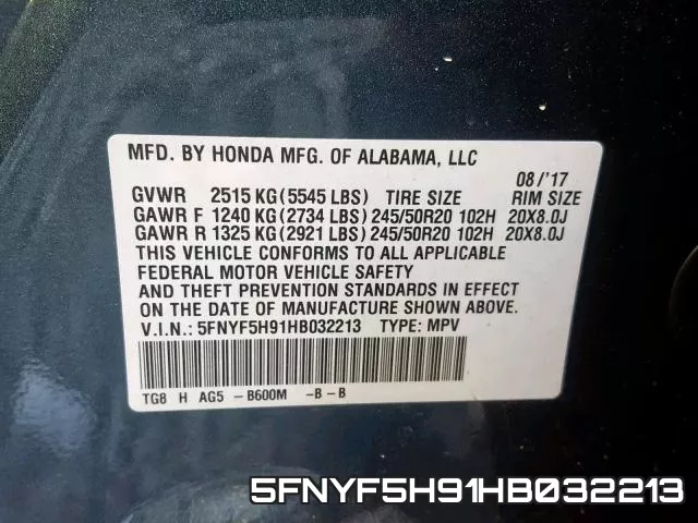 5FNYF5H91HB032213 фото 2