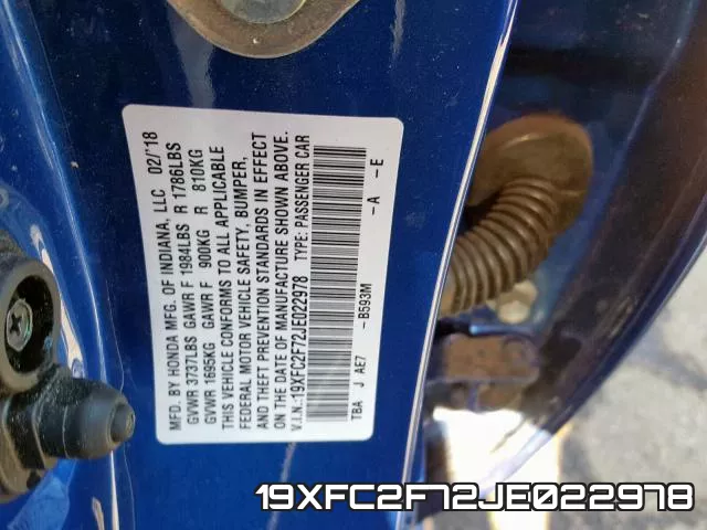 19XFC2F72JE022978 фото 2
