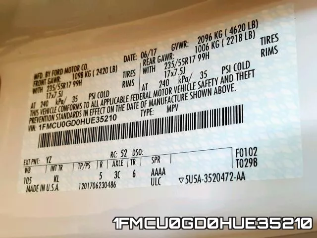 1FMCU0GD0HUE35210 фото 2