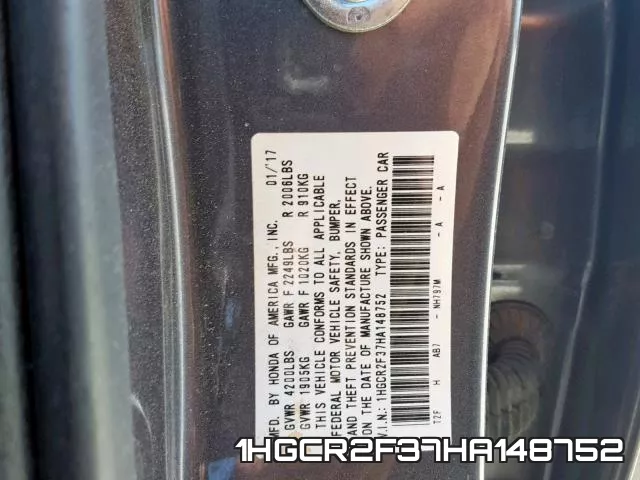 1HGCR2F37HA148752 фото 2