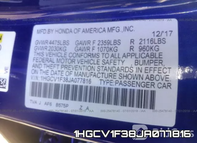 1HGCV1F38JA077816 фото 10
