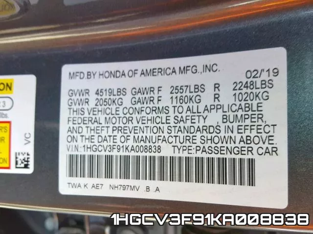 1HGCV3F91KA008838 фото 2