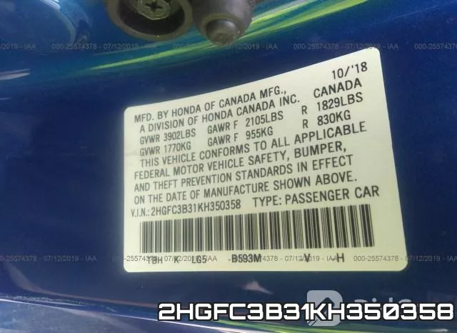 2HGFC3B31KH350358 фото 10