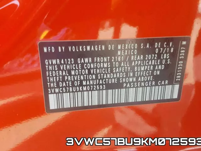 3VWC57BU9KM072593 фото 2