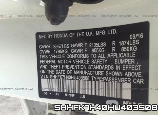 SHHFK7H40HU403508 фото 10
