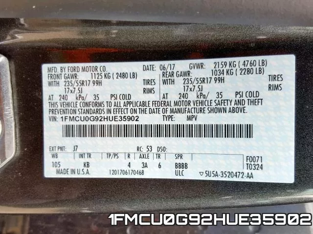 1FMCU0G92HUE35902 фото 2