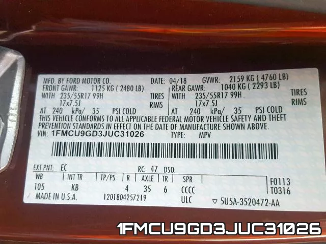 1FMCU9GD3JUC31026 фото 2