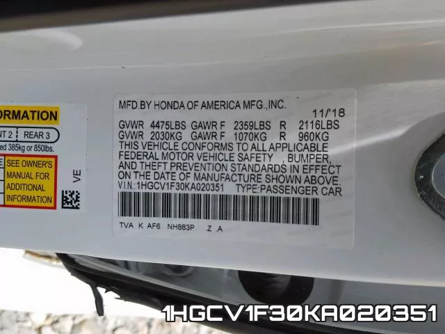 1HGCV1F30KA020351 фото 2